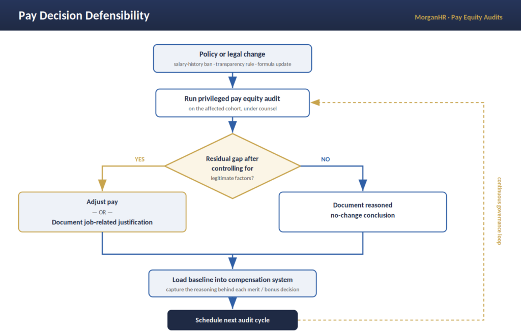 Decision tree showing pay practice audits and compensation equity reviews reducing litigation risk for HR leaders