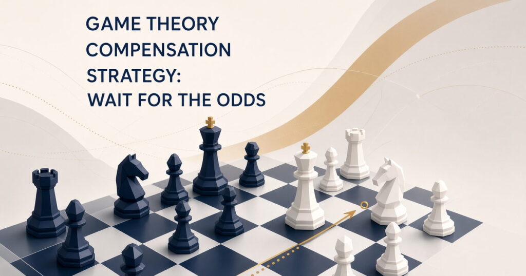 Chess board mid-game with navy and white pieces and a gold arrow tracing a delayed move, illustrating game theory compensation strategy for 2027 executive pay design