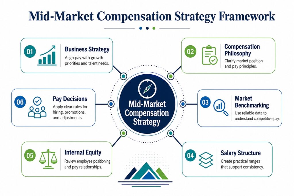Mid-market compensation strategy framework for benchmarking, salary ranges, and pay decisions