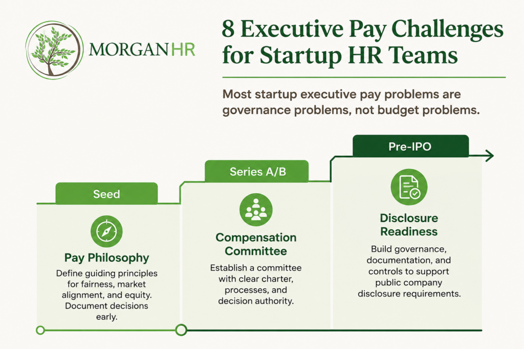 MorganHR executive pay governance maturity ladder showing Seed, Series A/B, and Pre-IPO stages