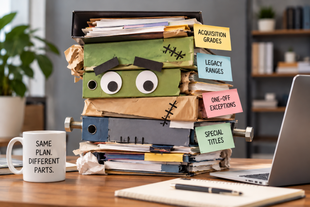 Stack of stitched binders labeled acquisition grades, legacy ranges, one-off exceptions, and special titles, showing the need for a salary structure redesign