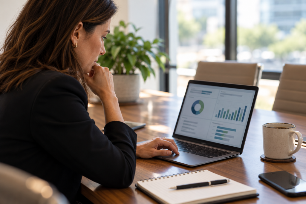 HR Director at a conference table reviewing a compensation plan dashboard with salary budget charts on a laptop