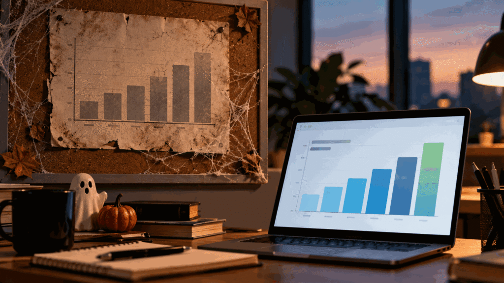 Faded salary structure chart covered in cobwebs beside a laptop showing updated pay ranges