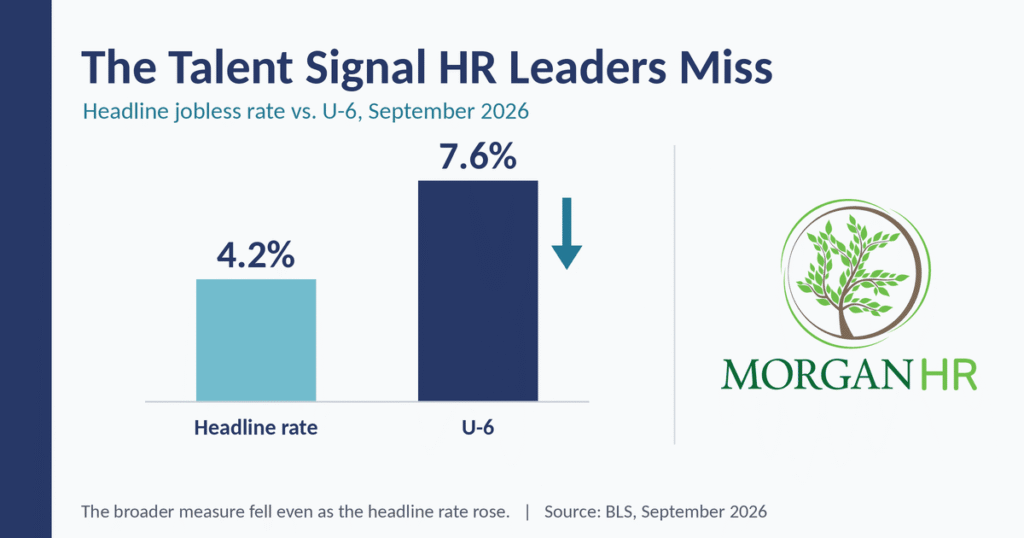 Bar graphic comparing the 4.2 percent headline jobless rate with U-6 unemployment at 7.6 percent in September 2026